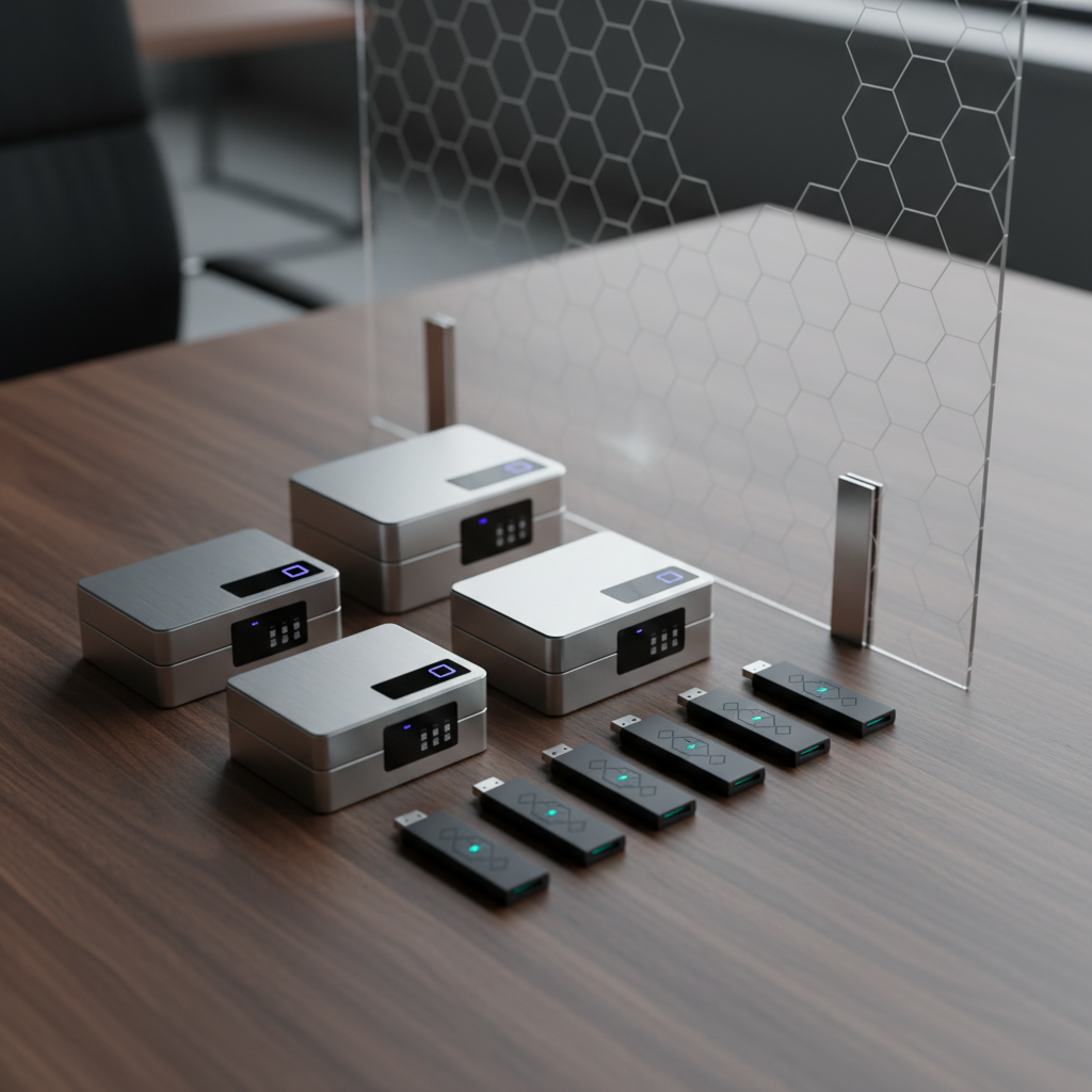An arrangement of smooth, brushed steel lockboxes and matte-finished encrypted USB drives on top of a finely grained walnut desk, beside a discreet, frosted-glass privacy divider. Faint indigo and teal LED indicator lights provide soft highlights across the metallic surfaces, cast by subtle directional spotlights in the room. The atmosphere is secure, confidential, and purposeful, evoking the core value of mutual confidentiality. The composition is centered, shot from a slight overhead angle with focused depth, highlighting the essential details of each object. Artistic style is modern, with minimalist cues, evoking cutting-edge professionalism and a commitment to discretion aligned with international standards.