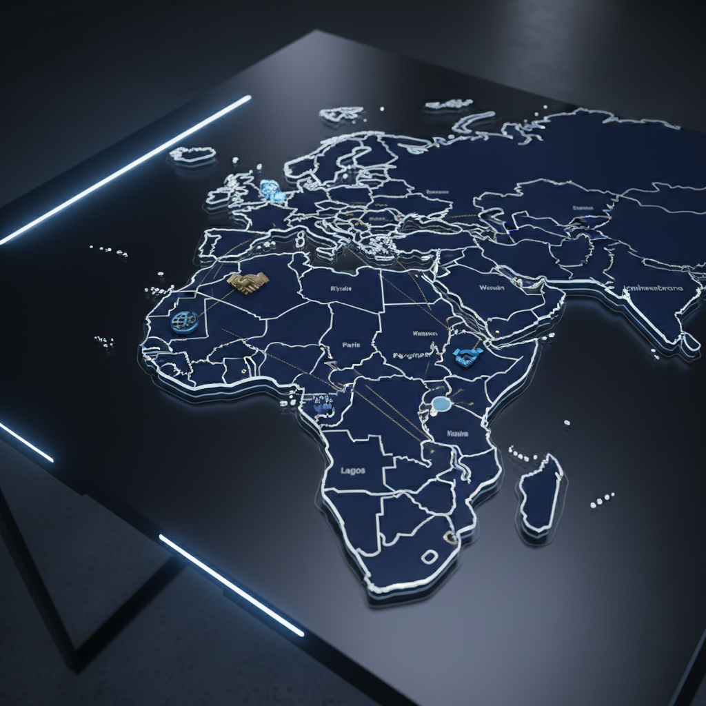 A stylized multi-layered map showing North Eastern Europe and Central Africa, with precise borders highlighted in silver against a deep navy background. Delicate, gold-embossed lines connect highlighted cities and countries, while glossy icons symbolizing global partnerships appear at key intersections. The map is displayed on a minimalist, matte black table in a softly-lit room, with cool LED accent lighting creating ambient glows and subtle reflections. The overall mood is globally connected, innovative, and trustworthy. The image is framed from a high-angle bird’s-eye perspective, emphasizing the scope and reach of the organization. The aesthetic is sleek and modern with photographic realism, suitable for an international non-profit consultancy site.